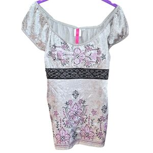 Heart Soul Metallic Blouse with Purple Floral Embroidery Size M